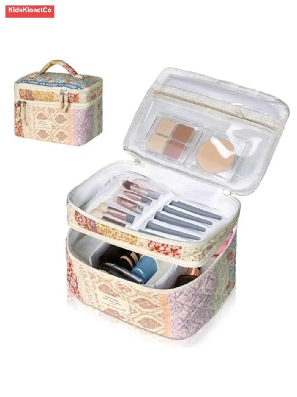 Large Capacity Quilted Cotton Cosmetic Bag Travel Toiletry Organizer with
